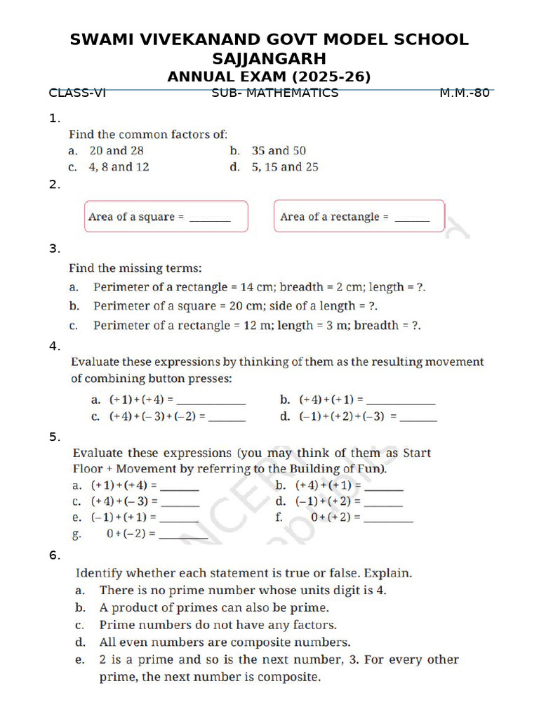Class 6 Math Yearly 2026 | PDF