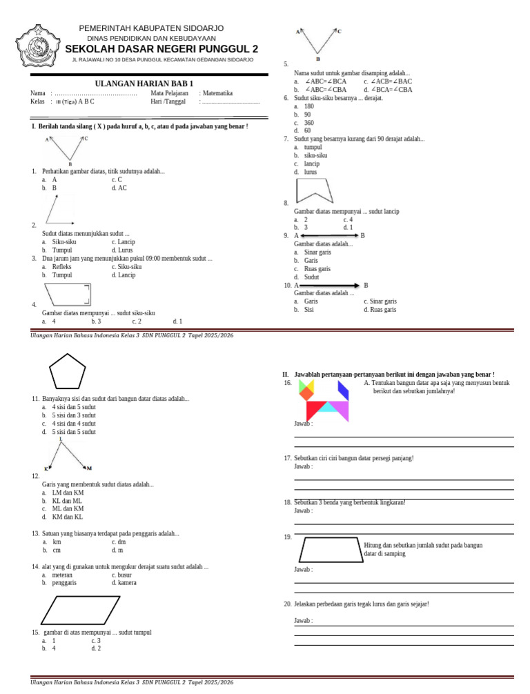 Uh Bab 1 Matematika Kelas 3 | PDF
