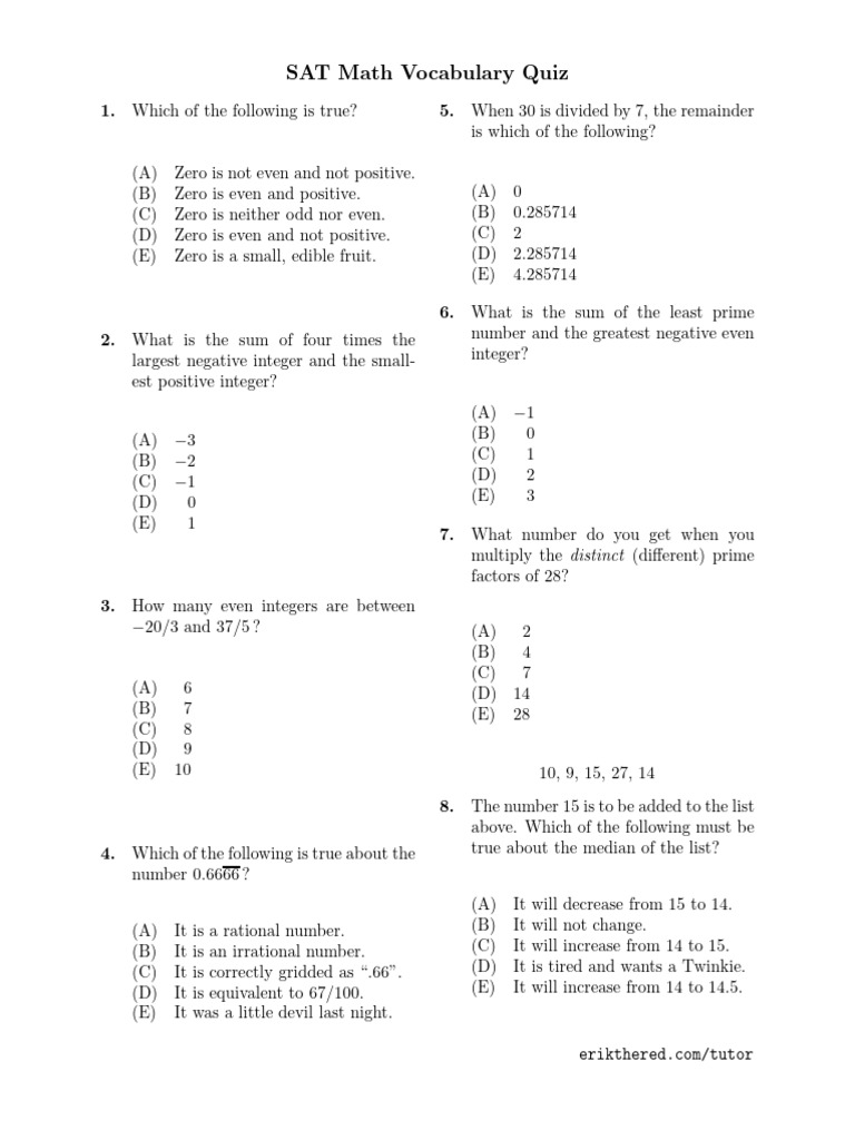 Sat Math Vocabulary Quiz | PDF | Numbers | Integer