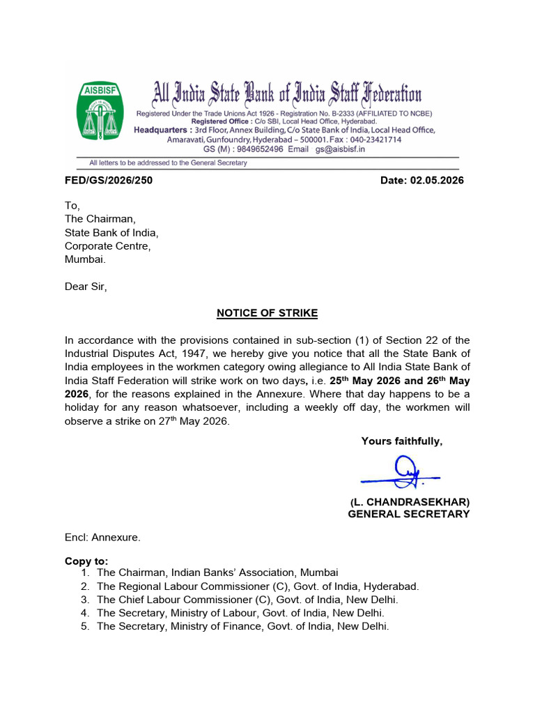 L. No. 250 - Aisbisf 2 Day Strike Notice On 25th & 26th May 2026 | PDF