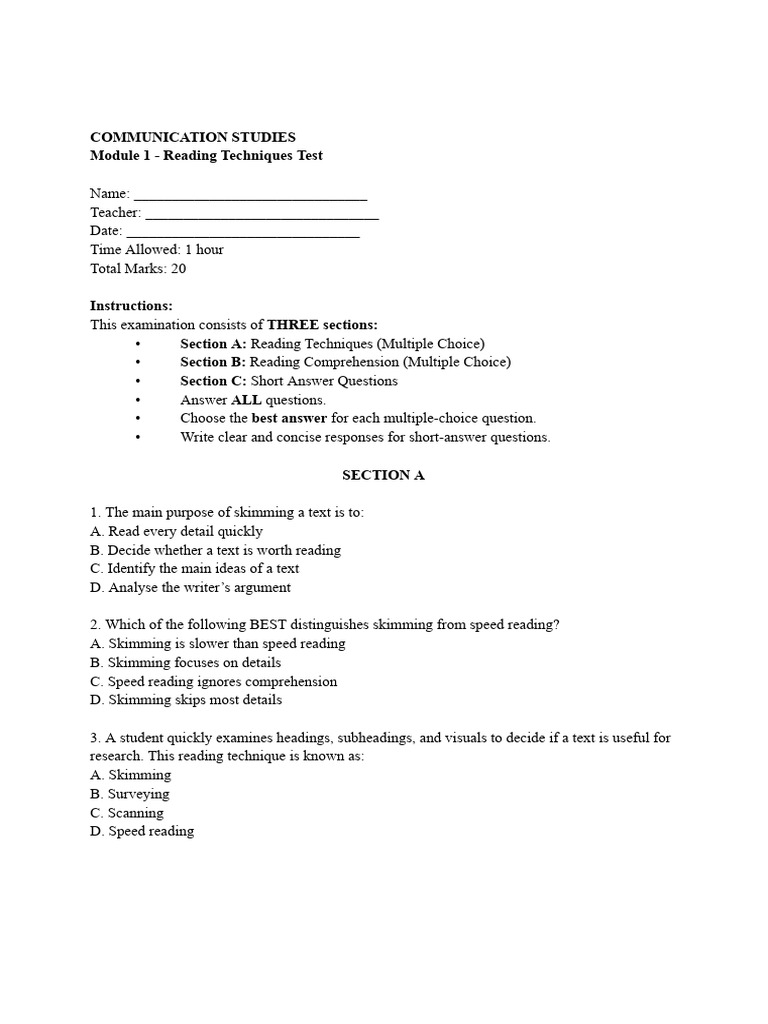 M1 Test.pdf | PDF | Speed Reading | Reading Comprehension