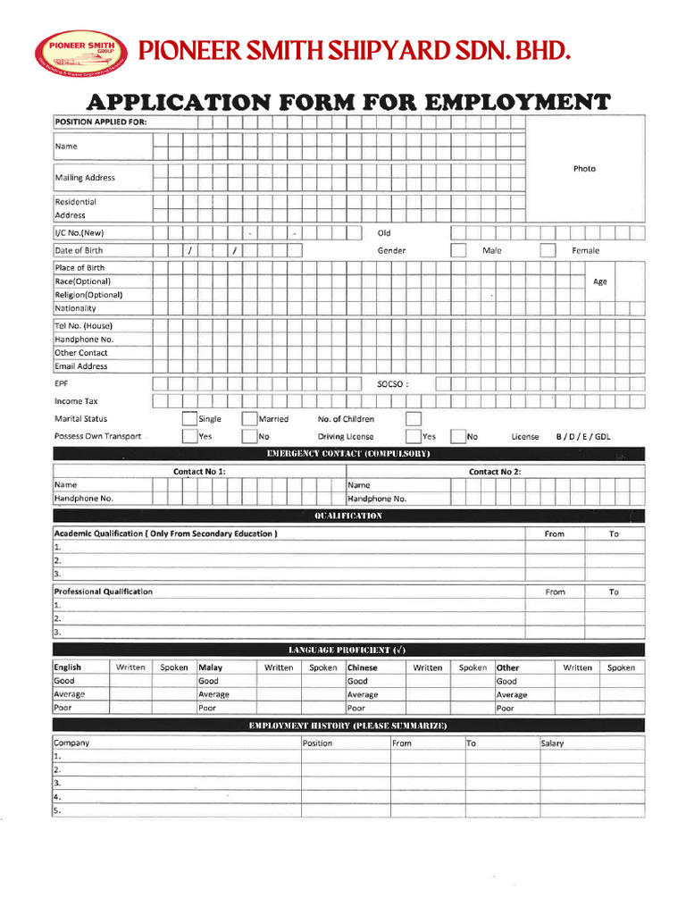 Pionner Smith Shipyard - Application Form for Employement | PDF