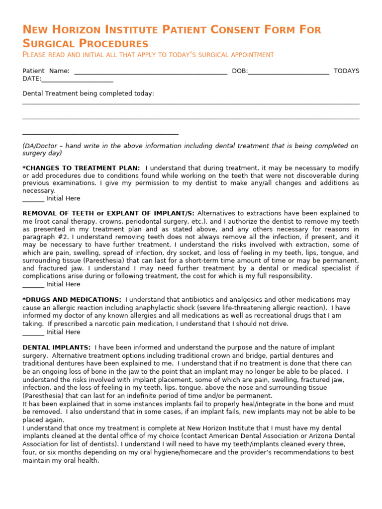Surgical Consent Handout | PDF | Dental Implant | Dentistry
