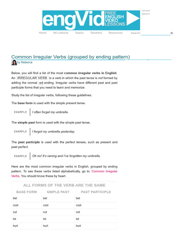 Common Irregular Verbs (Grouped by Ending Pattern) | PDF | English ...