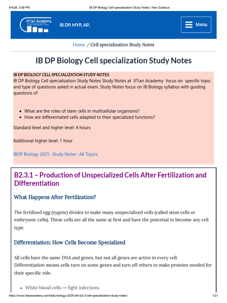 IB DP Biology Cell Specialization Study Notes _ New Syllabus | PDF ...