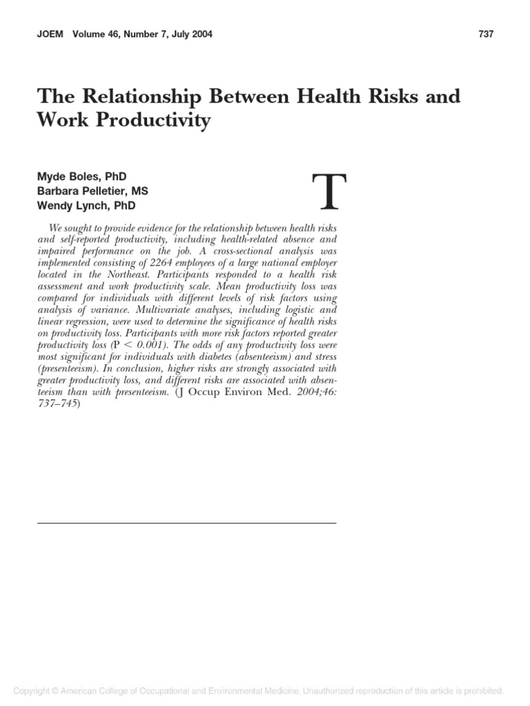 Boles2004the Relationship Between Healthrisksandworkproductivity | PDF