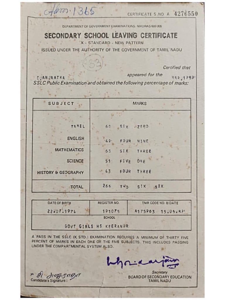 10th Mark Sheet | PDF