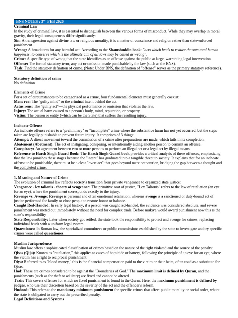 BNS Study Notes Final Ashish Bhaiya | PDF | Crimes | Crime & Violence