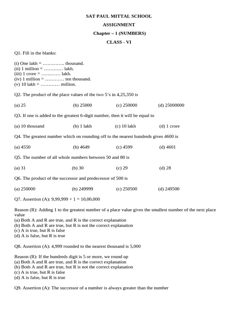 Assignment Sheet -Numbers | PDF