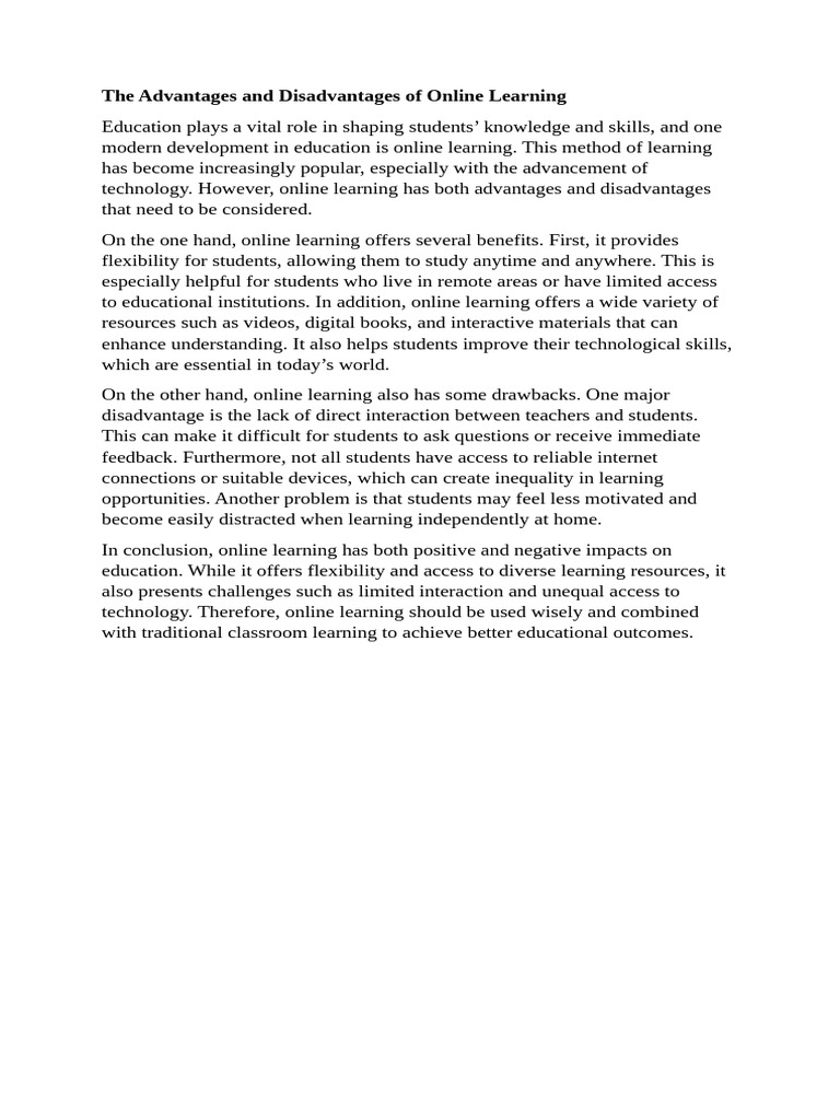 The Advantages and Disadvantages of Online Learning | PDF