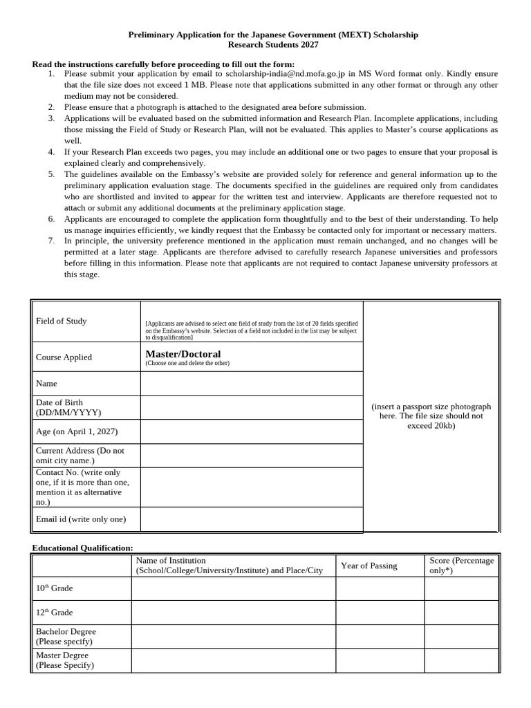 Preliminary Application Form 2027 | PDF
