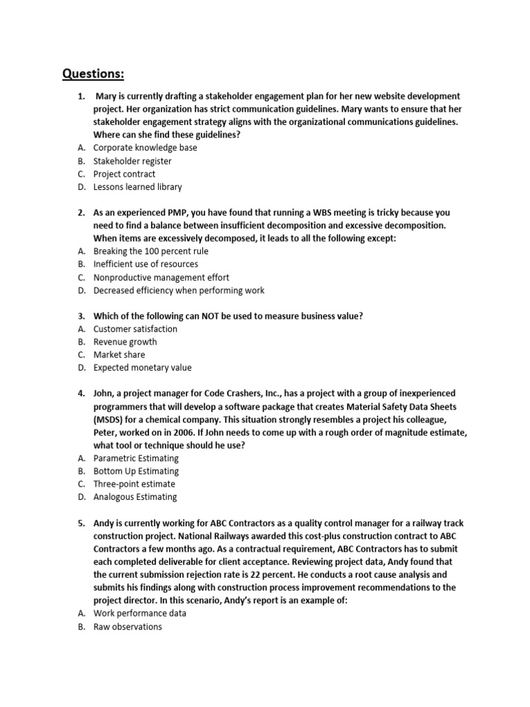 PMP Exam 05 - Questions | PDF | Project Management | Consumer Price Index
