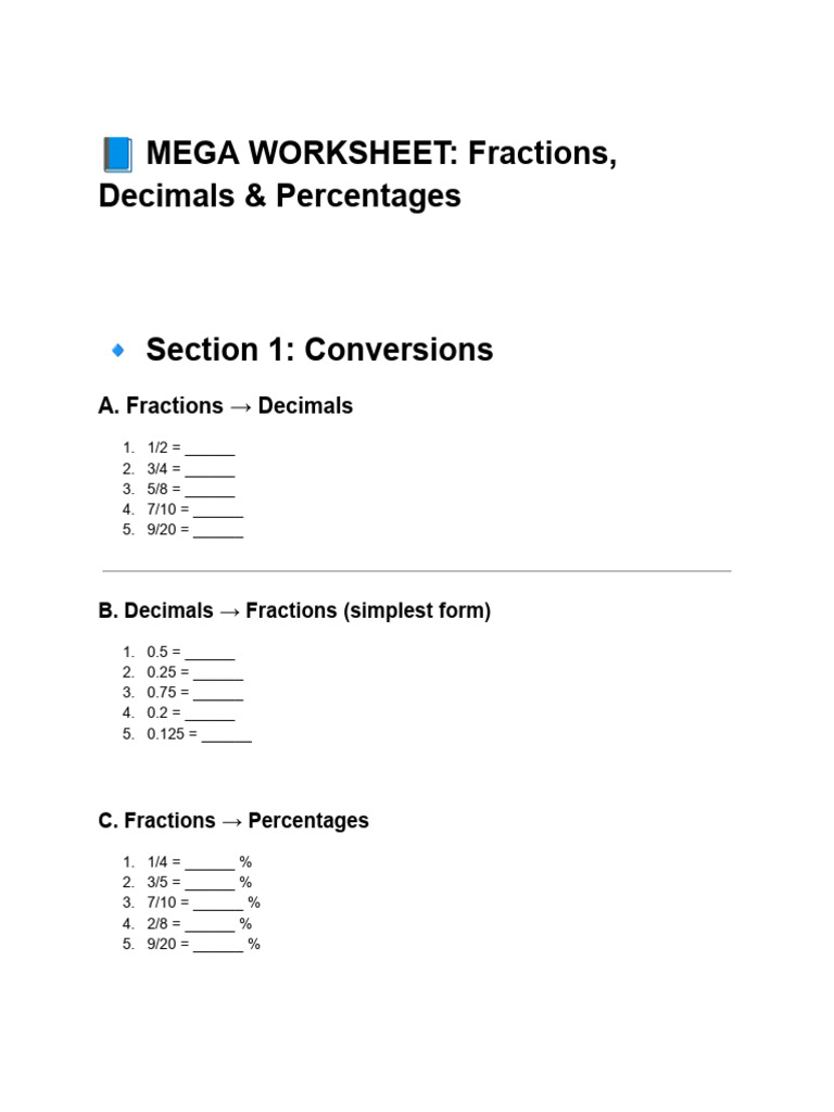 WORKSHEET - Fractions, Decimals & Percentages | PDF | Odds | Percentage