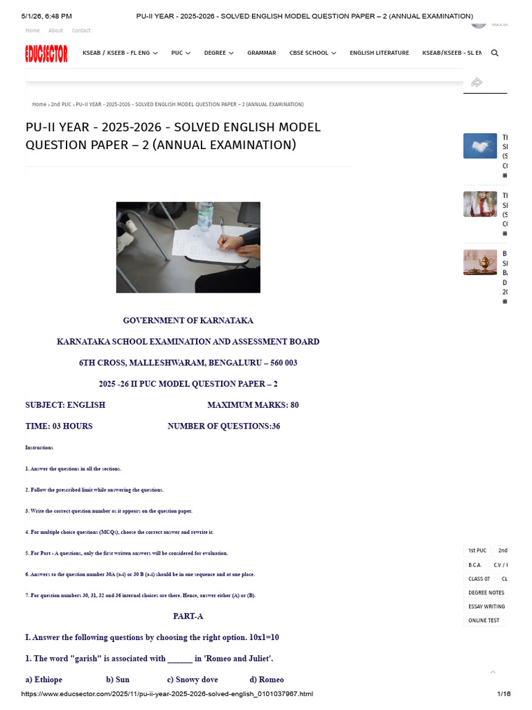 Pu-II Year - 2025-2026 - Solved English Model Question Paper – 2 ...