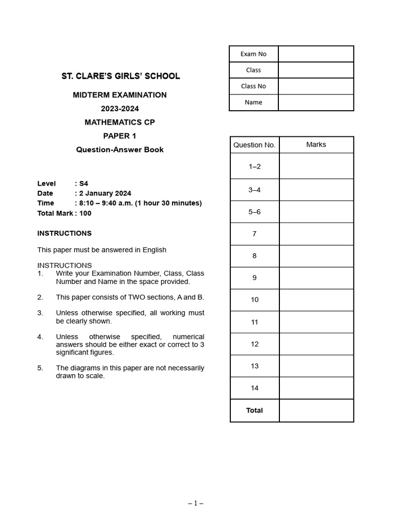 2023-2024 S4 Maths Mid Term Exam Paper 1 | PDF | Cartesian Coordinate ...