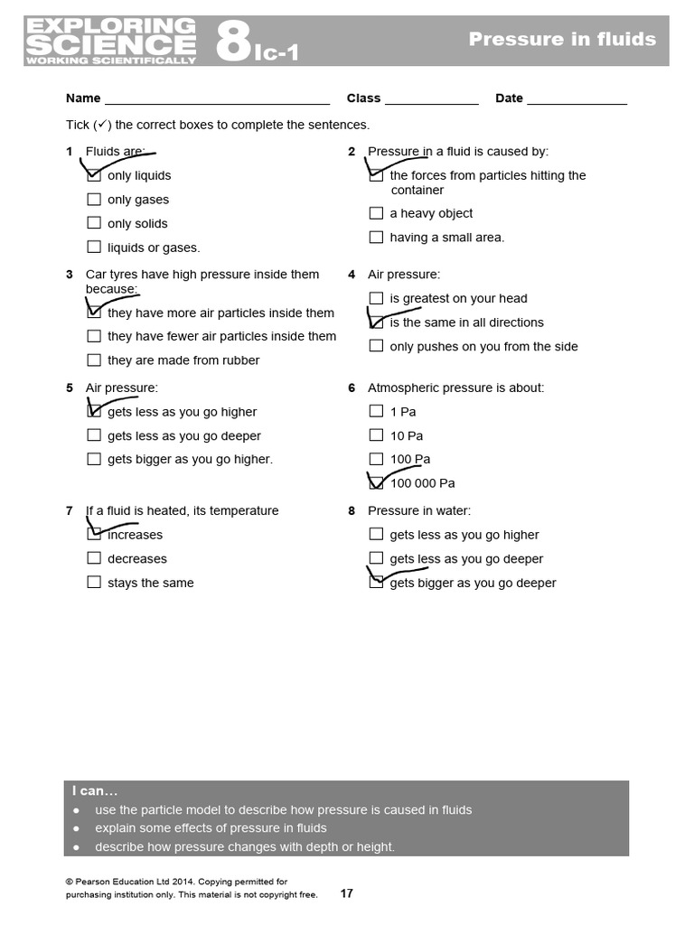 Year 8 - 8Ic - Pressure in Fluids Worksheet 1 | PDF | Pressure | Liquids
