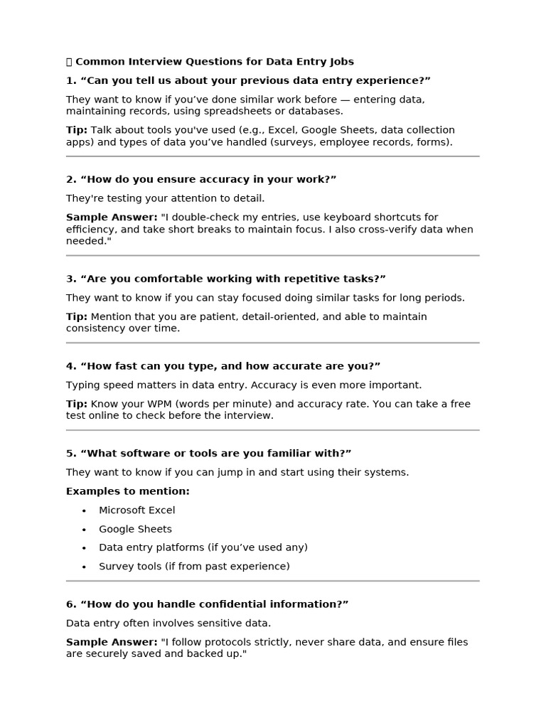 Common Interview Questions for Data Entry Jobs | PDF
