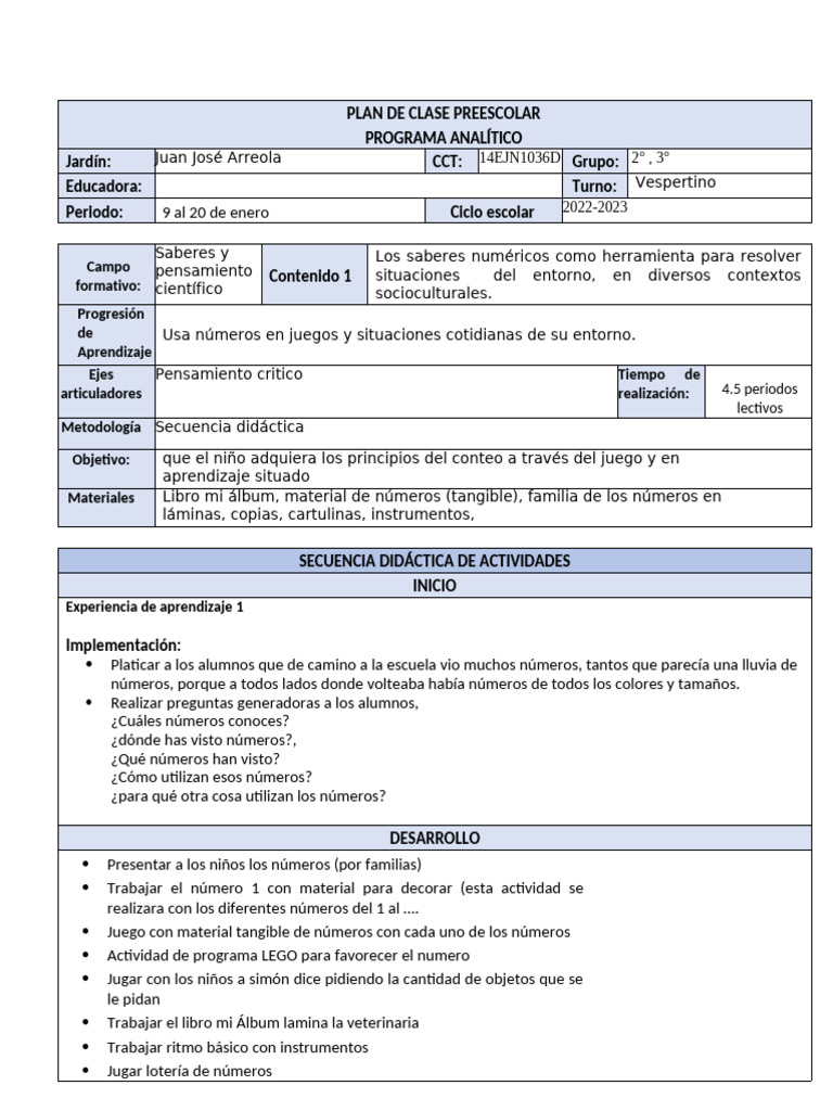 Plan de Clase Preescolar 2 | PDF | Educación de la primera infancia ...