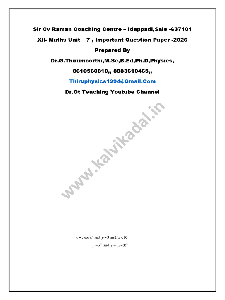 12th Maths Unit - 7 Important QP EM 2026 | PDF | Tangent | Area