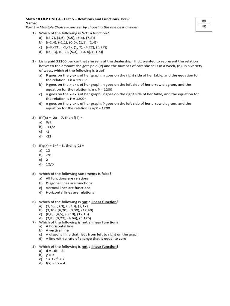 Math10 FP Practice Test 5 With KEY | PDF | Function (Mathematics ...
