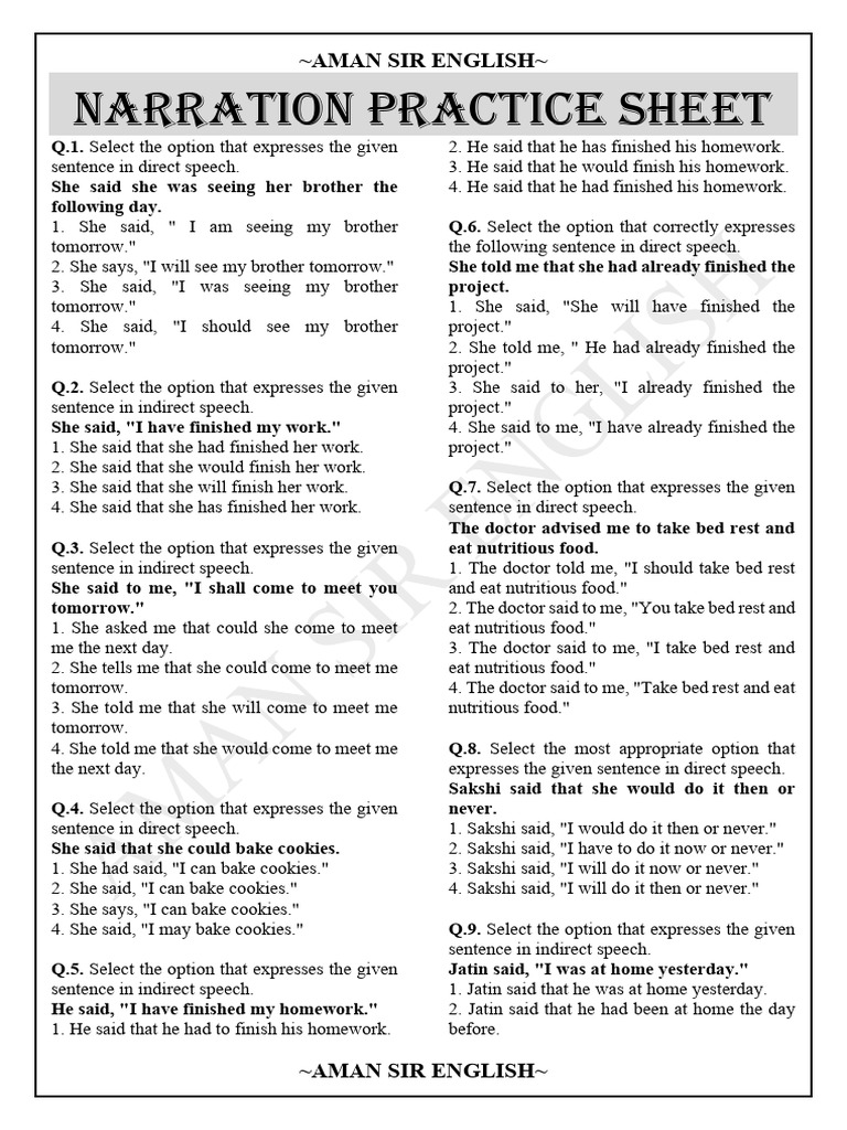 1774961531283-Narration Practice Sheet-1 Concise | PDF | Semantic Units