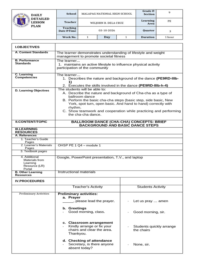 Dela Cruz, Wiljohn b. - Lesson Plan | PDF | Dances | Ballroom Dance