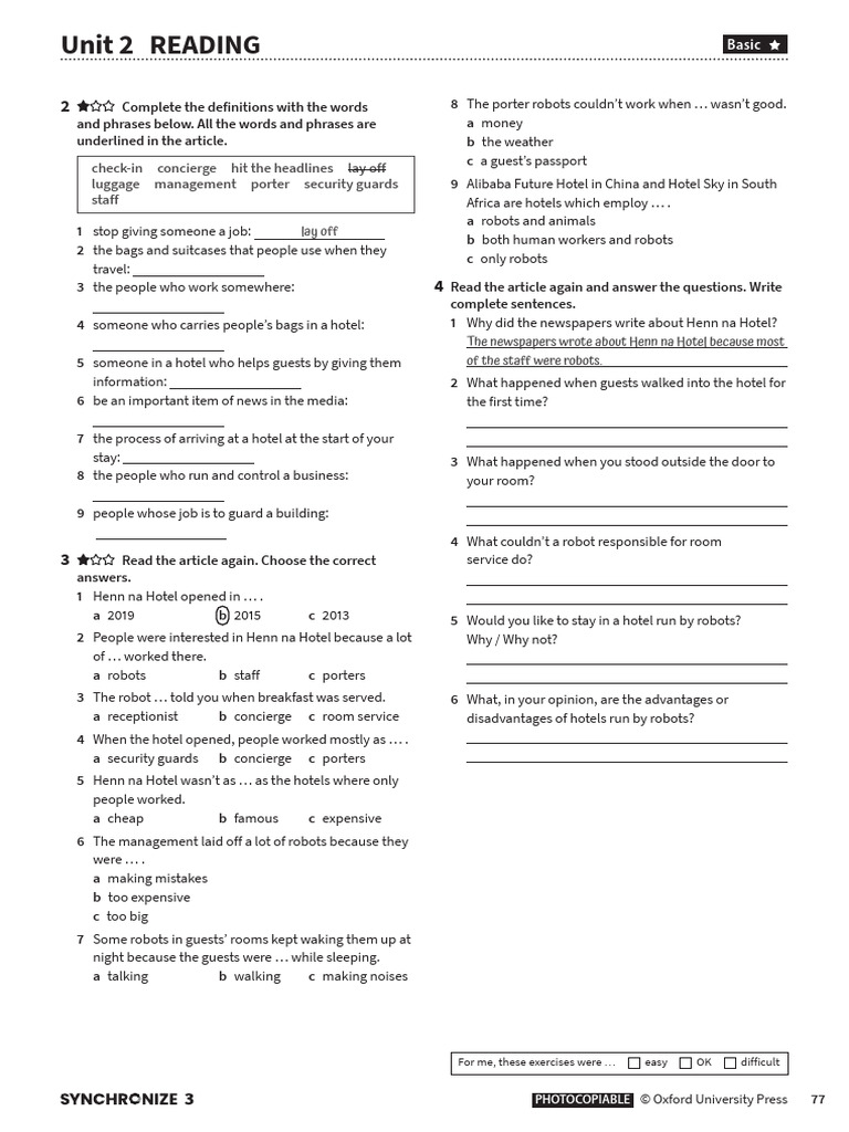 Synchronize3 TRB Worksheets Unit 2 Basic Reading | PDF