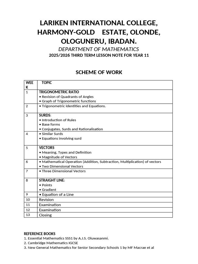 FURTHER MATHS SS1 Third Term Complete Lesson Note - Adjusted | PDF ...
