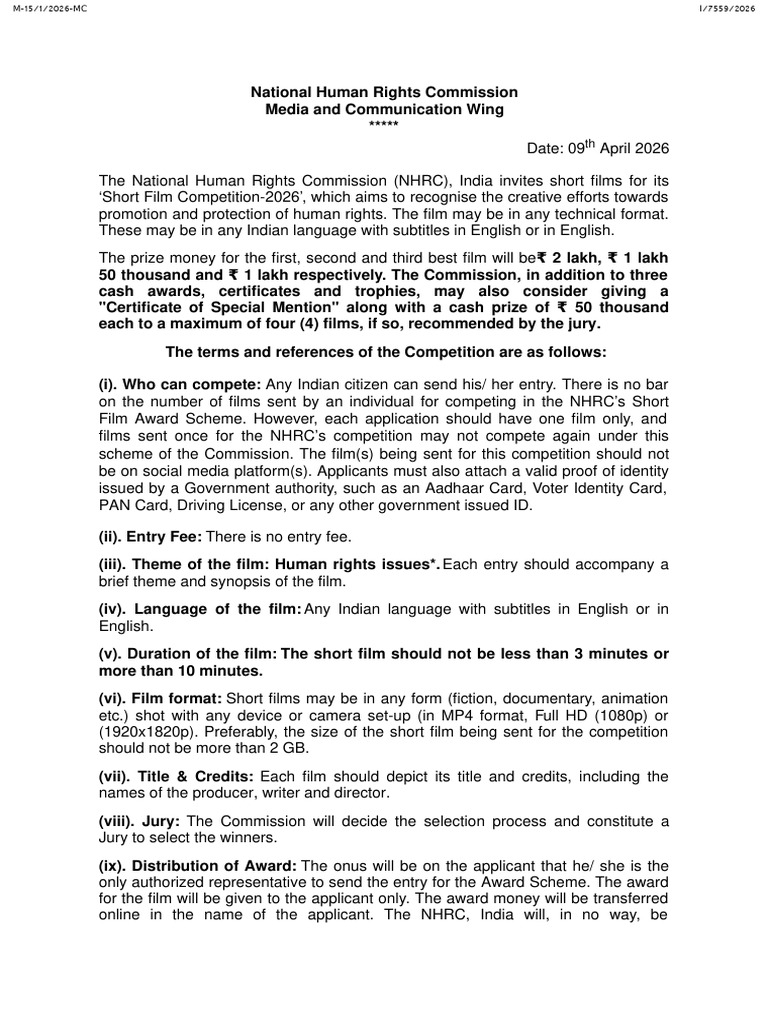 Terms Conditions and Application Form NHRC Short Film Competition 2026 ...