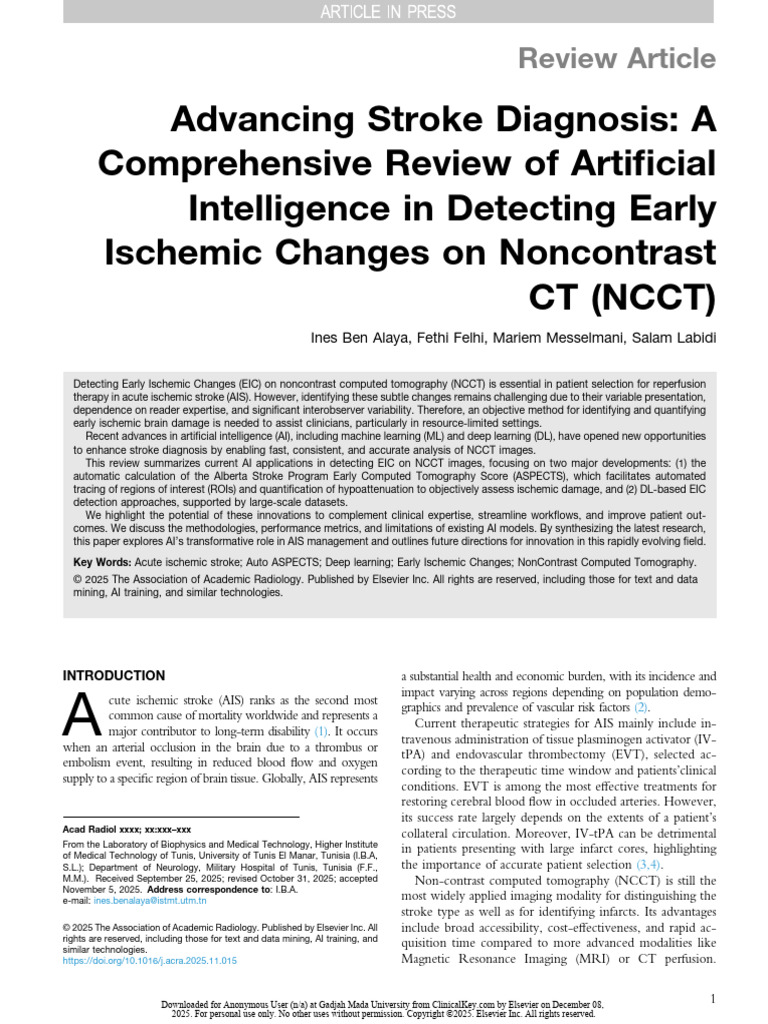 Advancing Stroke Diagnosis a Comprehensive Review of Artificial ...