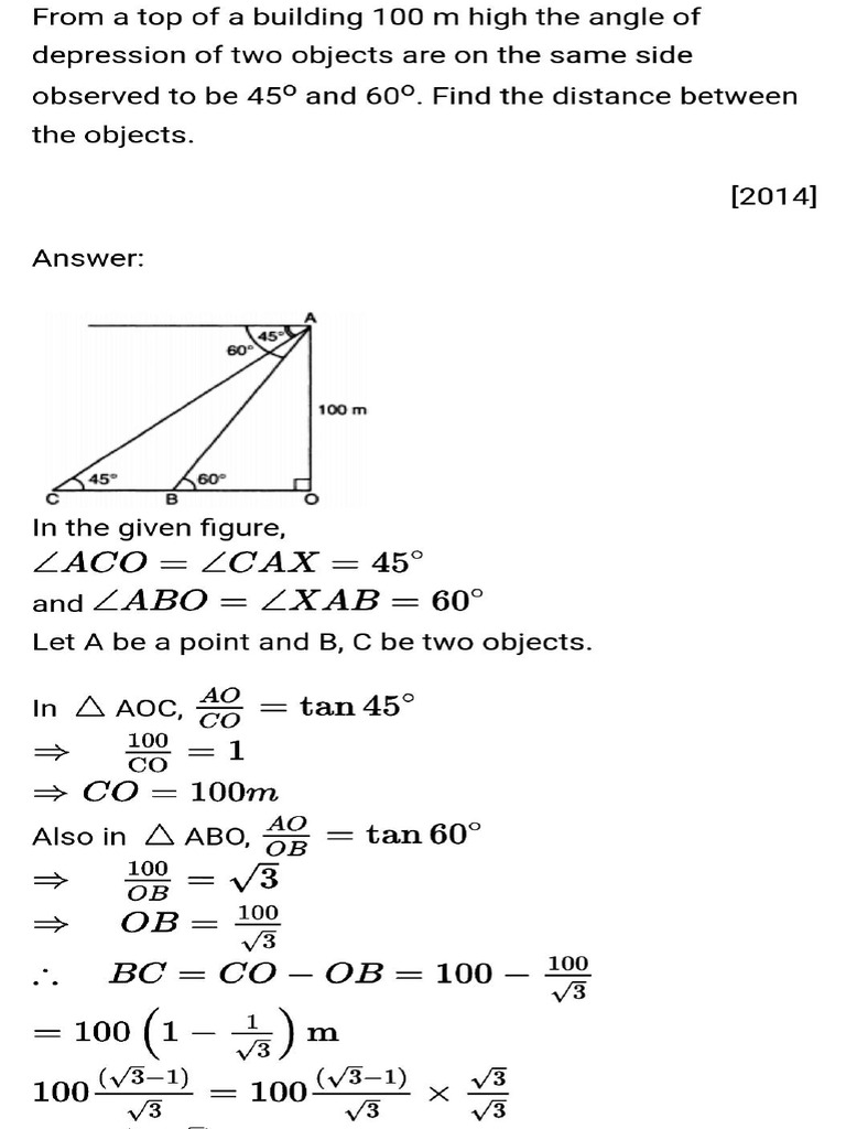 Applications of Trigonometry Important Questions | PDF