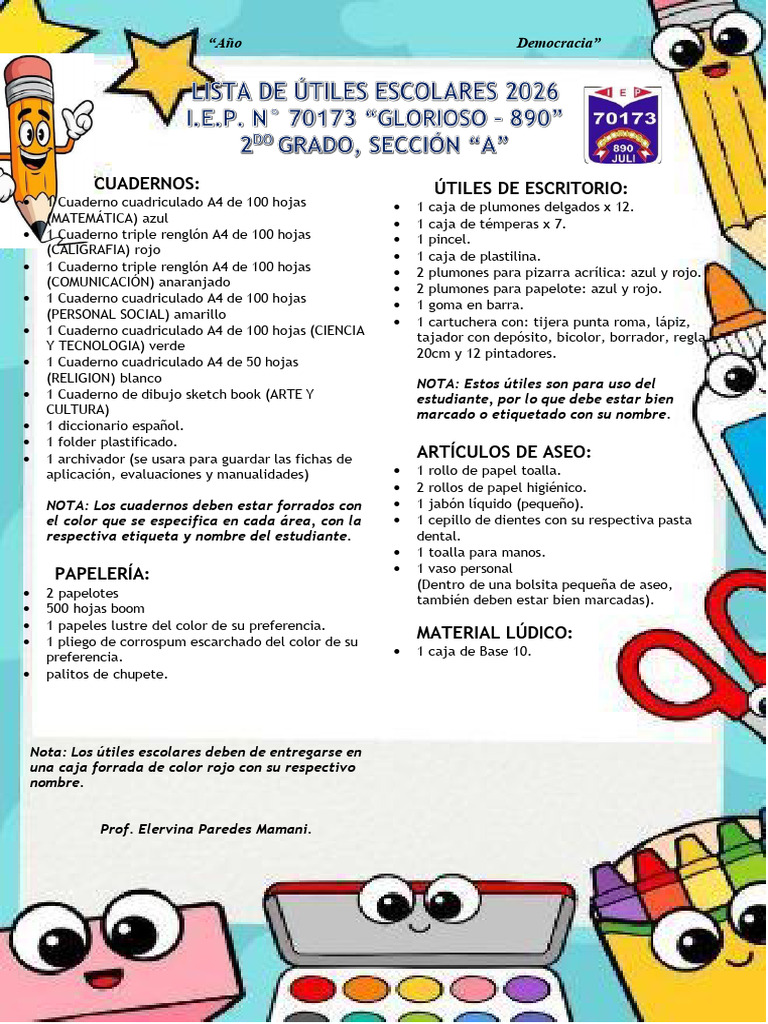 Lista de Utiles 2 Grado Primaria 2026 | PDF | Cuaderno