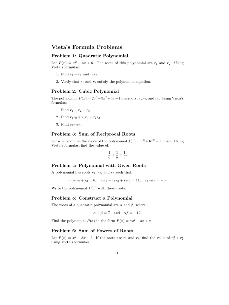 Vieta's Formulas Problem Set | PDF | Quadratic Equation | Algebra