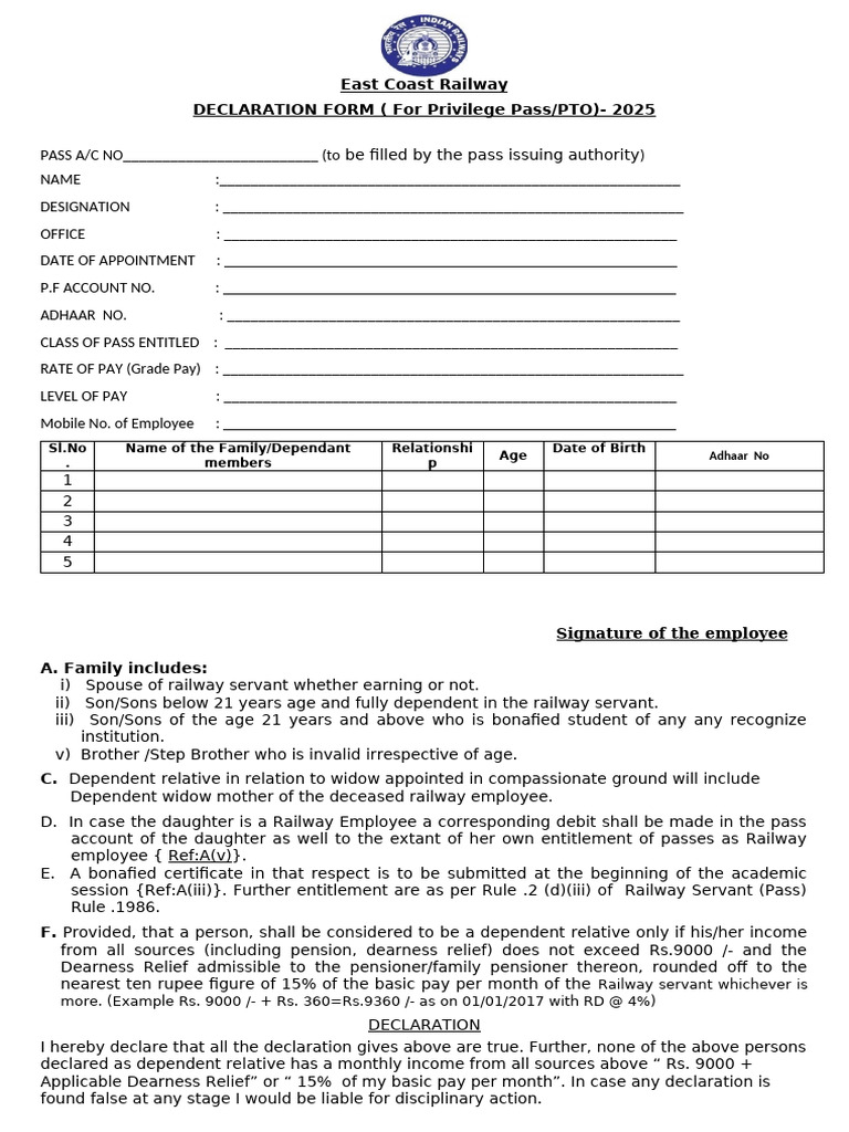 DECLARATION FORM ( For rly Privilege Pass-PTO)- 2019 | PDF