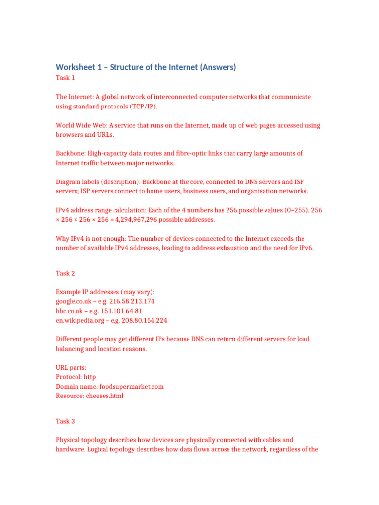 Worksheet 1 Structure of the Internet Answers | PDF