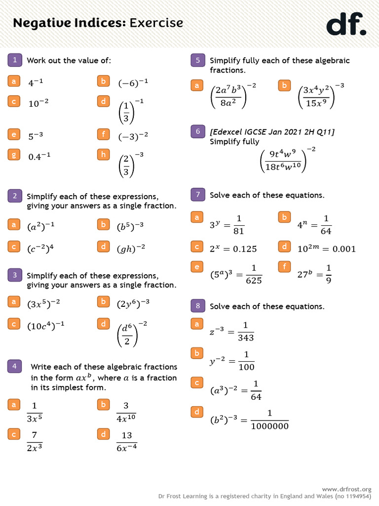 Negative Indices - Exercise | PDF | Equations | Mathematical Objects