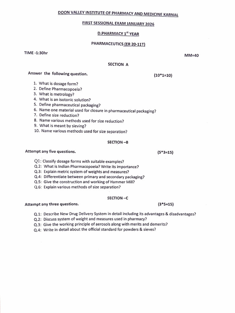 D.pharmacy 1st Sessional Exam, Questions Paper | PDF | Pharmacy ...