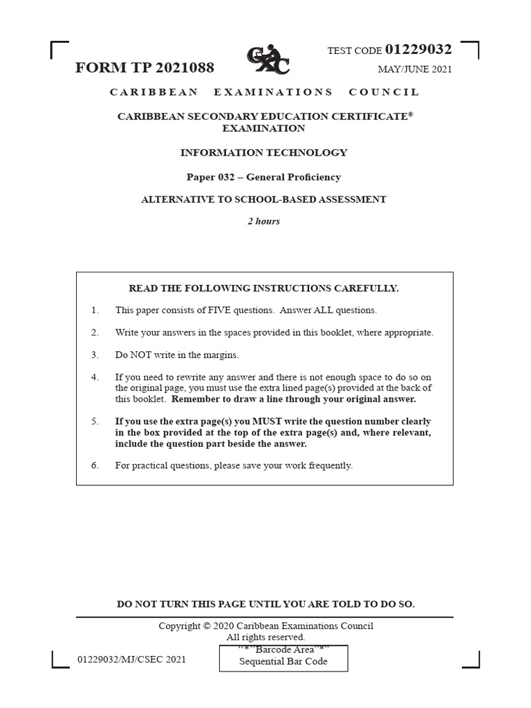 CSEC Information Technology June 2021 P032 | PDF | Barcode | Microsoft ...