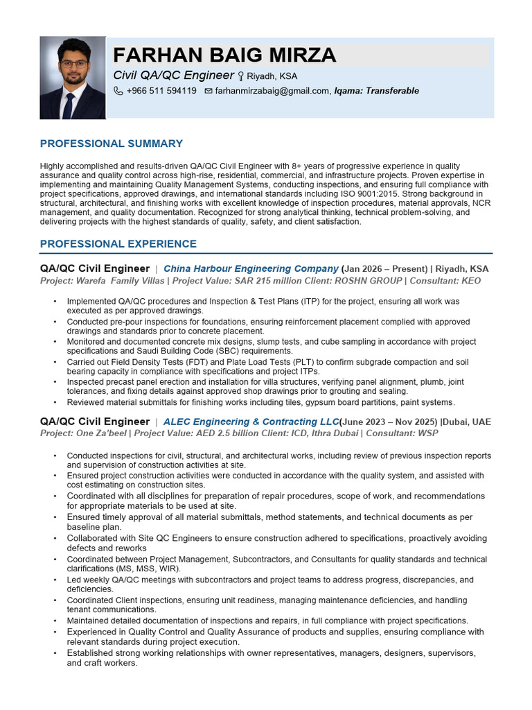 Farhan Baig Mirza Civil QAQC Engineer CV | PDF | Quality Assurance ...