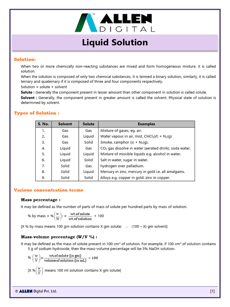 Study Materials- Liquid Solution | PDF | Evaporation | Molar Concentration