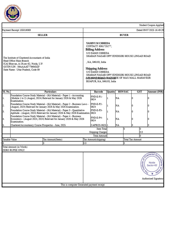 ICAI BOOKS ORDER INVOICE | PDF | Receipt | Business