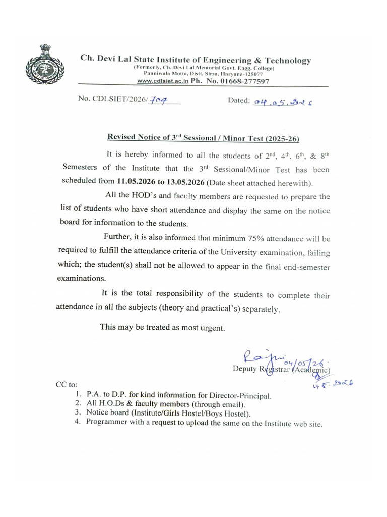 Revised Notice and Date Sheet of 3rd Minor Test | PDF | Electronic ...