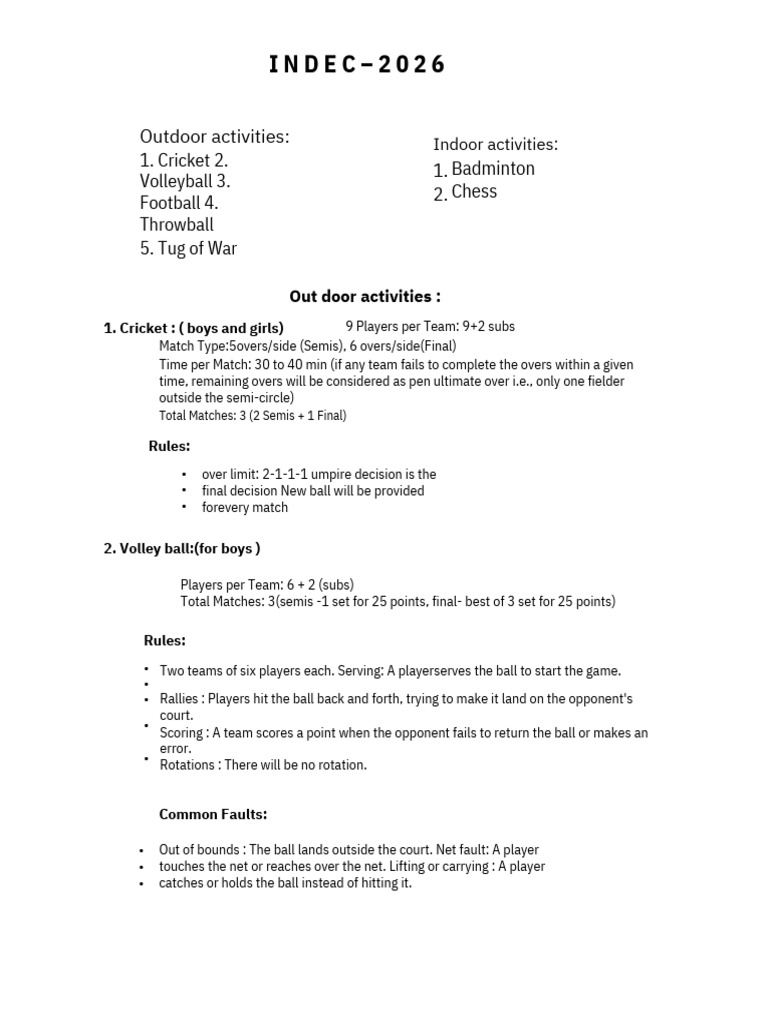 Indec 2026 Sports Rules | PDF | Chess | Board Games