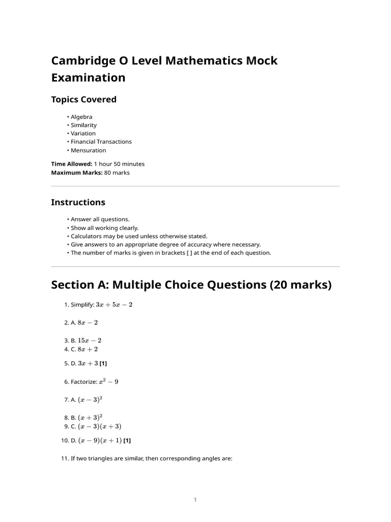 Cambridge O Level Mathematics Mock Paper Algebra Mensuration | PDF ...