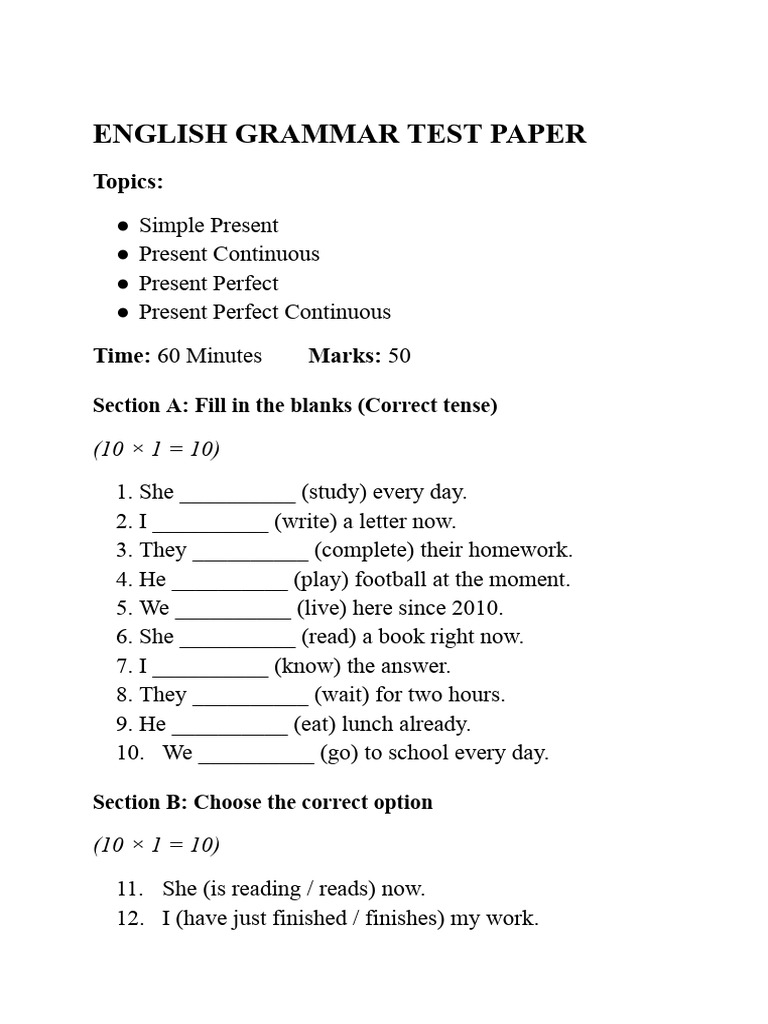 English Grammar Test Paper | PDF