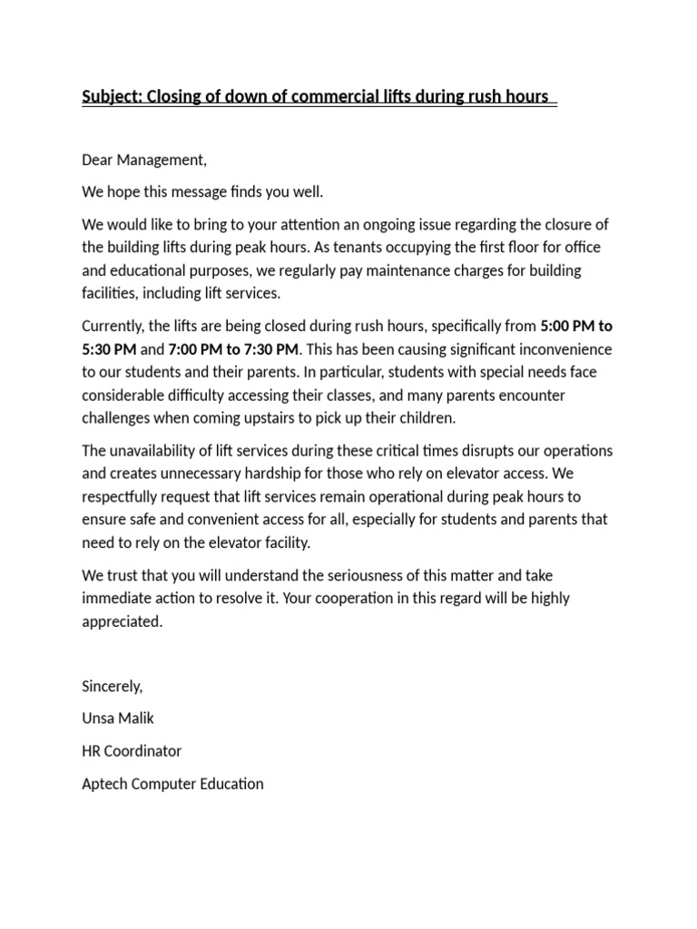 Lift Maintainence Letter | PDF