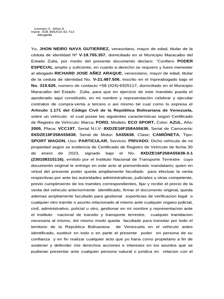 Poder Notariado - para CV - ECOSPORT | PDF | Documento de identidad ...