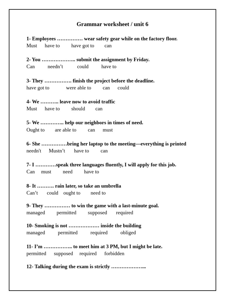 Grammar Worksheet Unit 6 | PDF