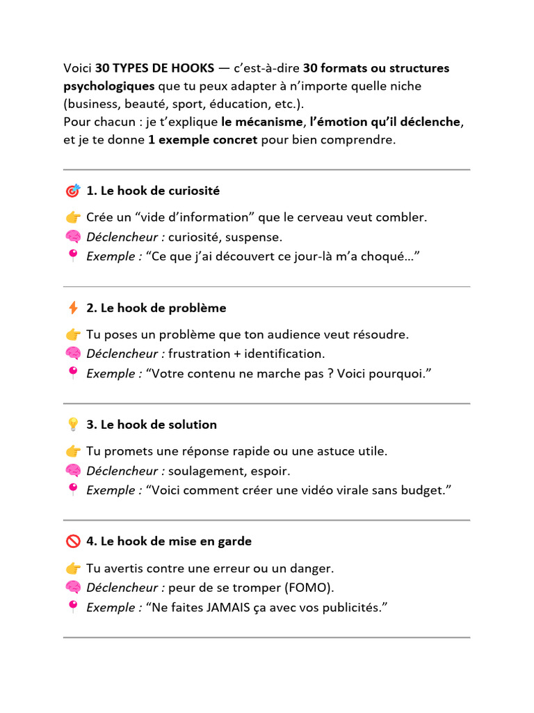 Voici 30 TYPES DE HOOKS | PDF