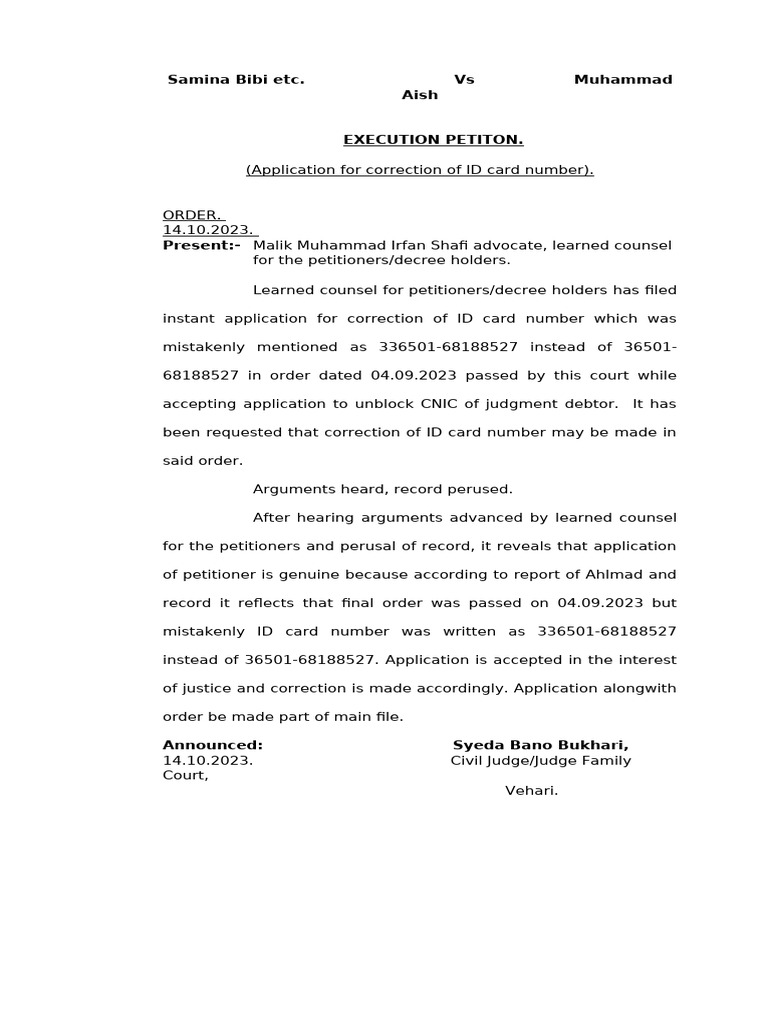 Samina Bibi vs. Muhammad Aish (ID Card) | PDF